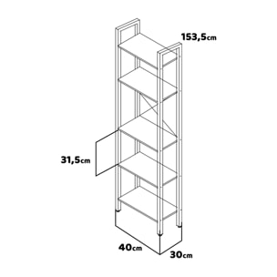 Wabi - Libreria scaffale a 5 ripiani in stile industriale, 40x30xH154 cm