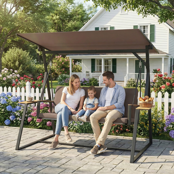 Columpio de Jardín de 3 Plazas, Balancín de Jardín Exterior con Techo Ajustable UPF50+, 2 Bandejas, Cojines y Marco de Metal, para Balcón, Terraza, Patio, Carga 360 kg, 222x131x175 cm, Marrón