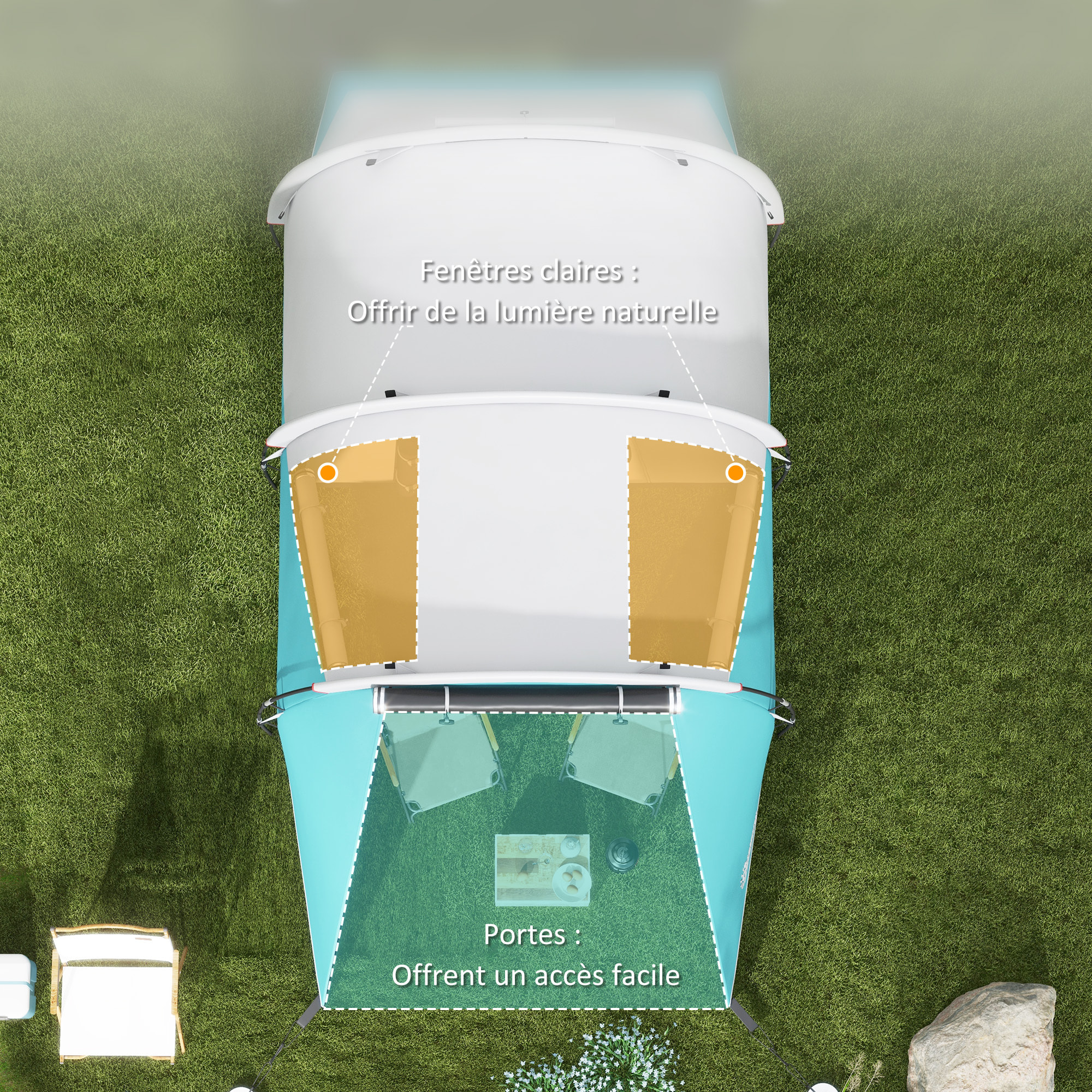 Tente de camping familiale 4-5 personnes - tente tunnel 2 portes fenêtres - dim. 4,6 x 2,6 x 1,9 m - bleu gris