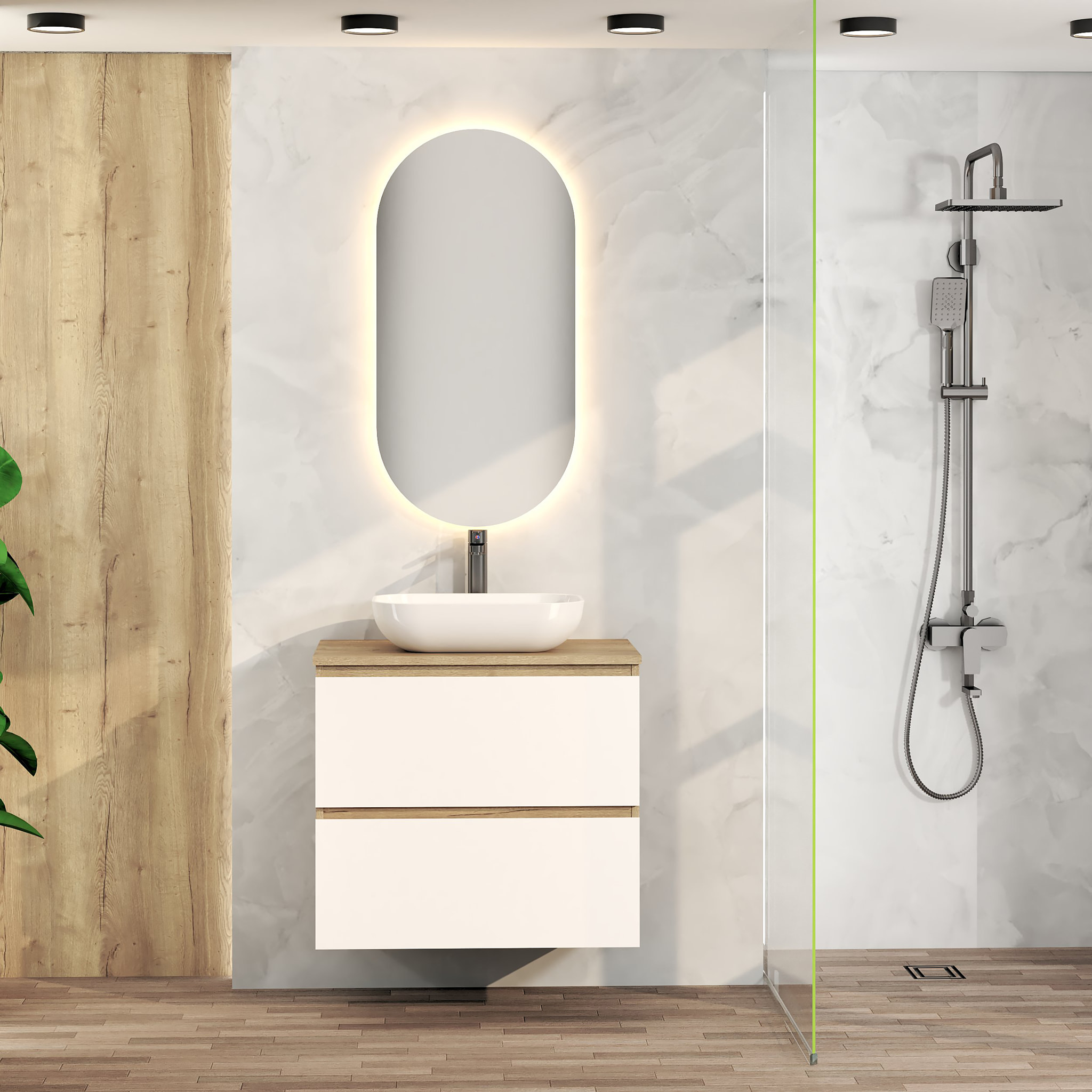 Ensemble de Salle de Bain Nia | Meuble Suspendu | 70 cm Blanc | Deux Tiroirs |Lavabo sur Plan | Miroir non inclus | Meuble Monté | Alday