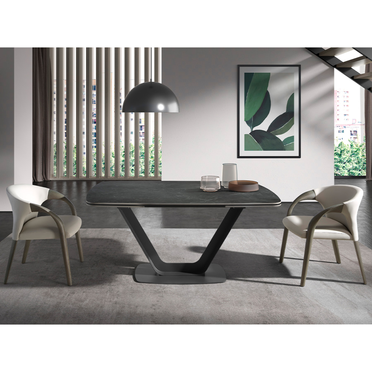 Mesa comedor Angel Cerdá extensible ovalada barril con tapa de mármol porcelánico en negro con vetas grises en acabado mate 160x100x76cm