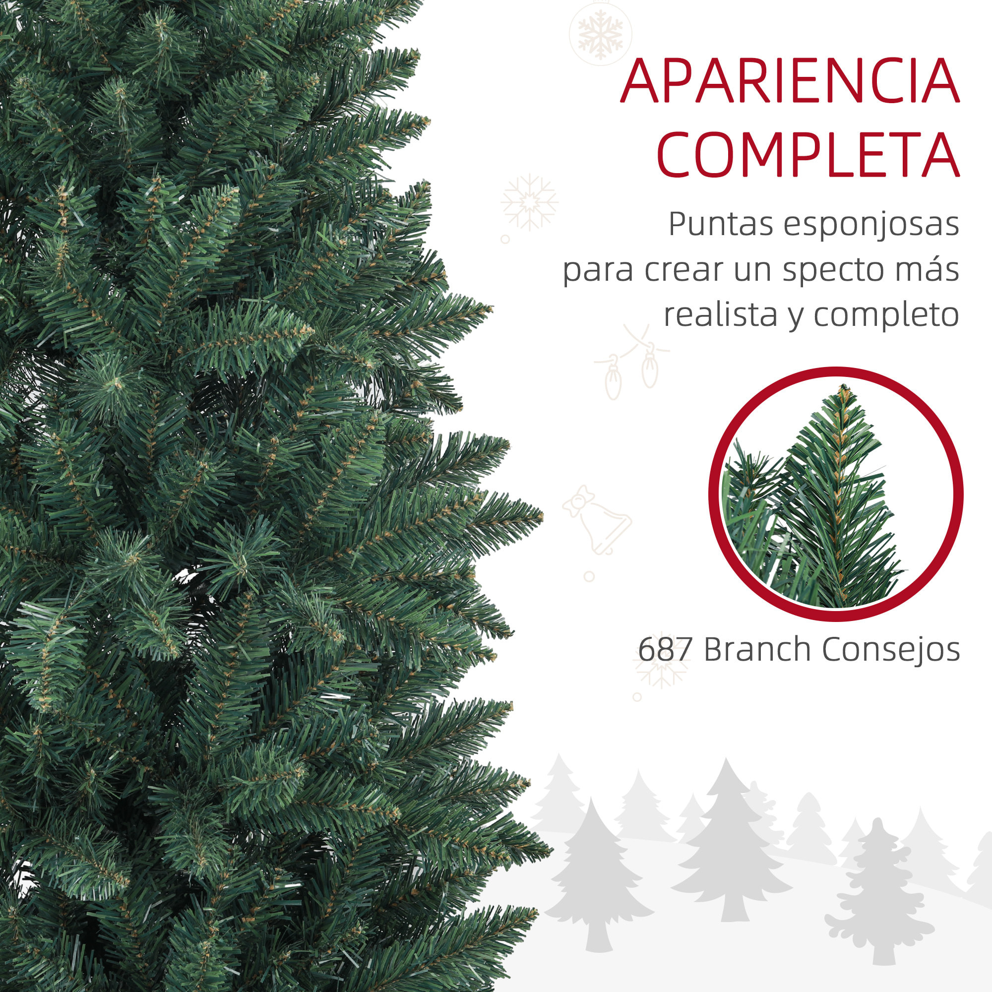 Árbol de Navidad Estrecho 210 cm Árbol de Navidad Tipo Lápiz con Base Plegable y 687 Ramas para Dormitorio Oficina Verde