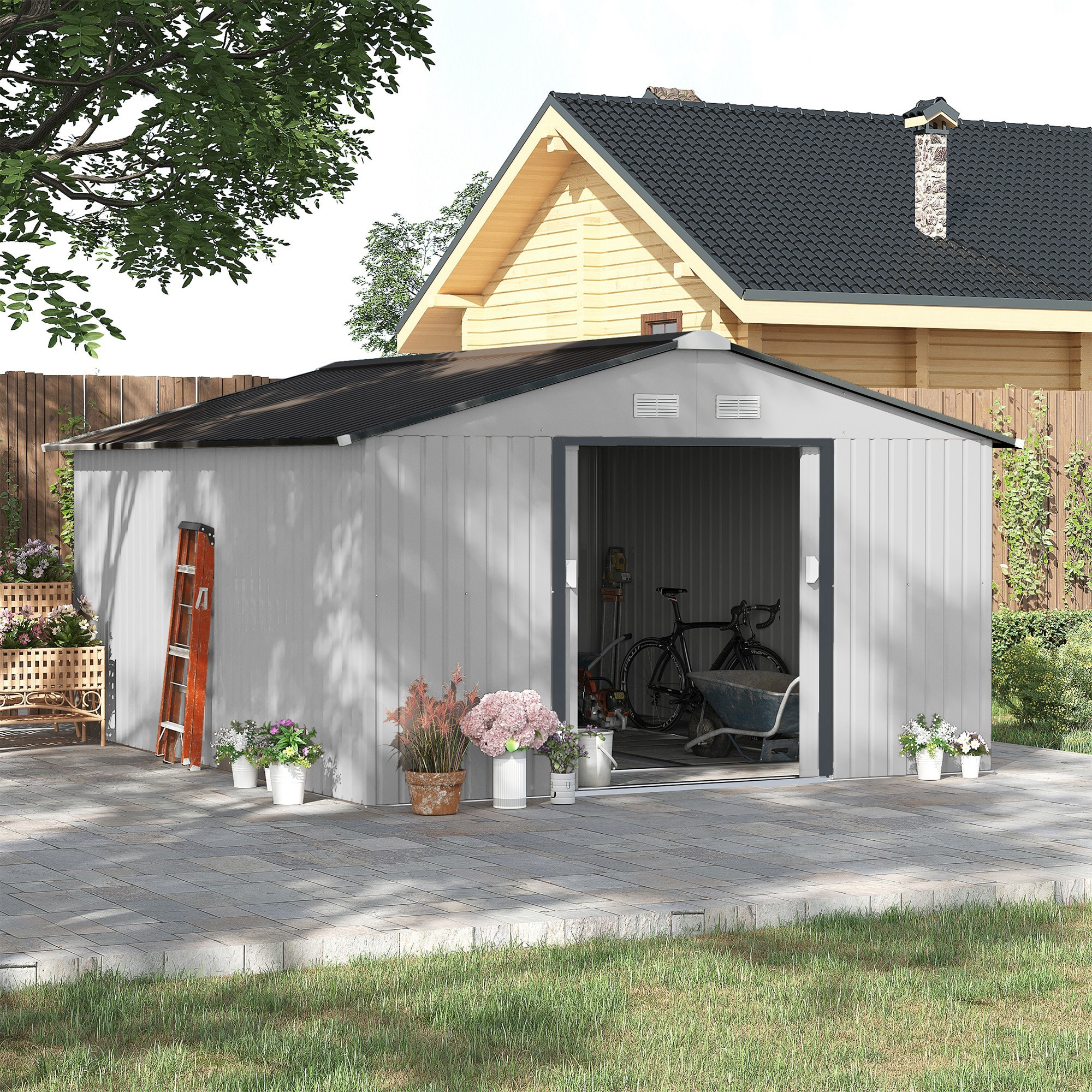 Caseta de Jardín Exterior, 12,4 m² 340x386x200 cm, Cobertizo de Jardín Exterior Metálico con Puerta Corredera, Base Refuerzo (Suelo NO Incluido) y Ventanas Blanco