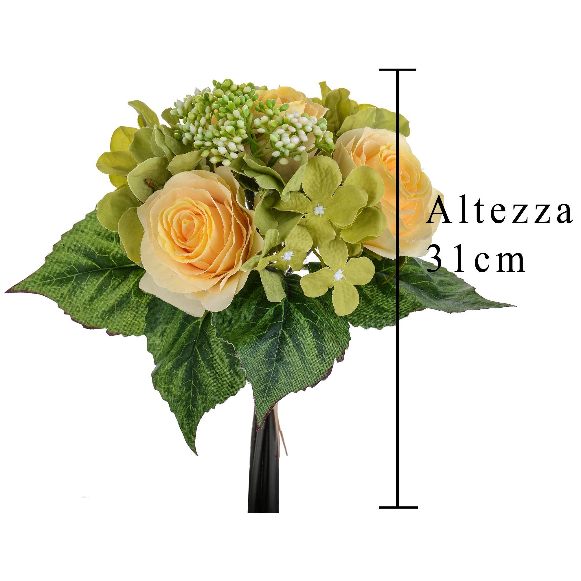 Bouquet Con Rose. Altezza 31 Cm - Pezzi 4 - 22X31X22cm - Colore: Giallo - Bianchi Dino - Fiori Artificiali