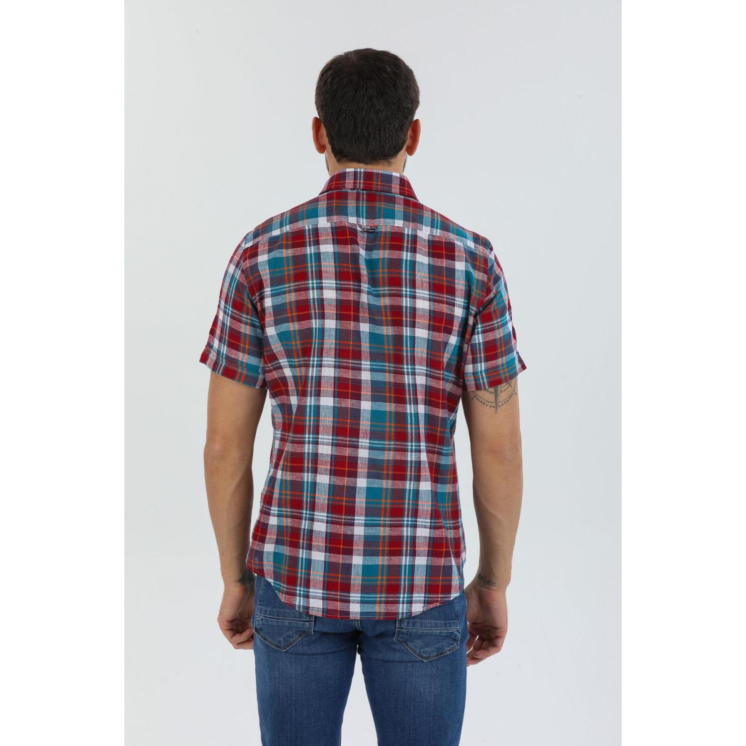 Camicia Uomo 1 Bottone Button Down Manica Corta Slim Lino Quadro Grande Rosso Verde Ottanio