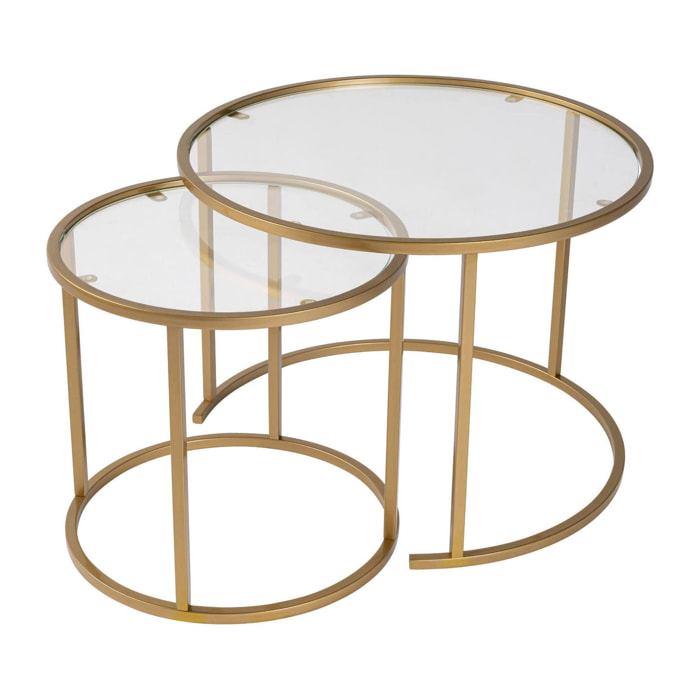 Set di 2 tavolini da salotto Xaden, Tavolo basso da caffè, Portariviste per divano, Ripiano da soggiorno, 60x60 h43 cm, Oro e Trasparente