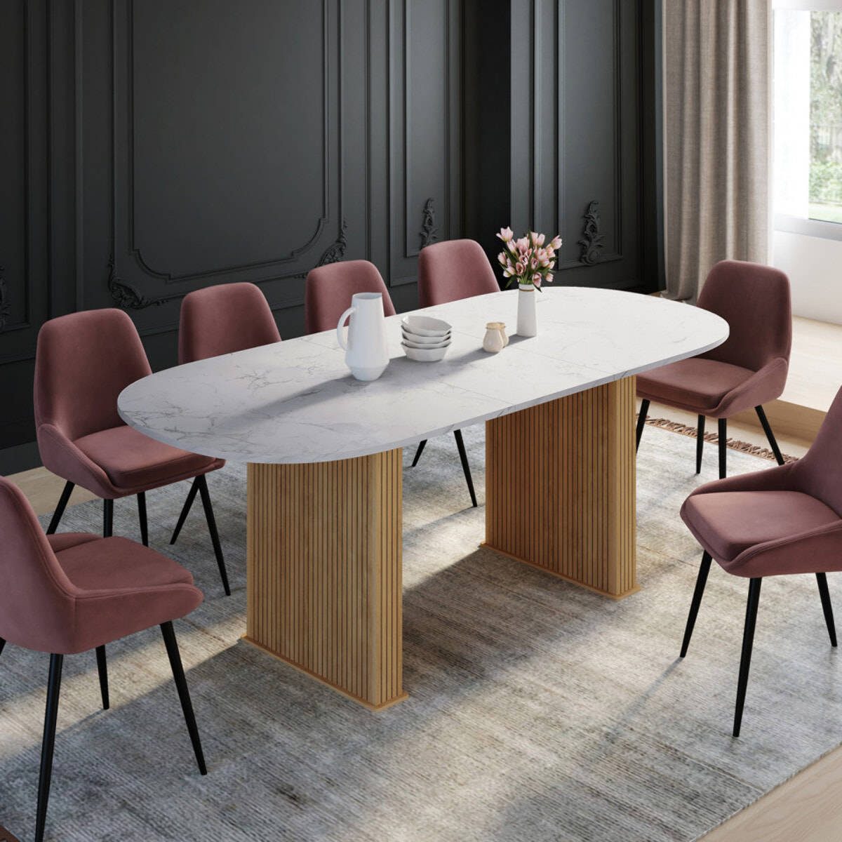 Table à manger extensible Marceau effet marbre blanc et pieds lattes 160-200cm