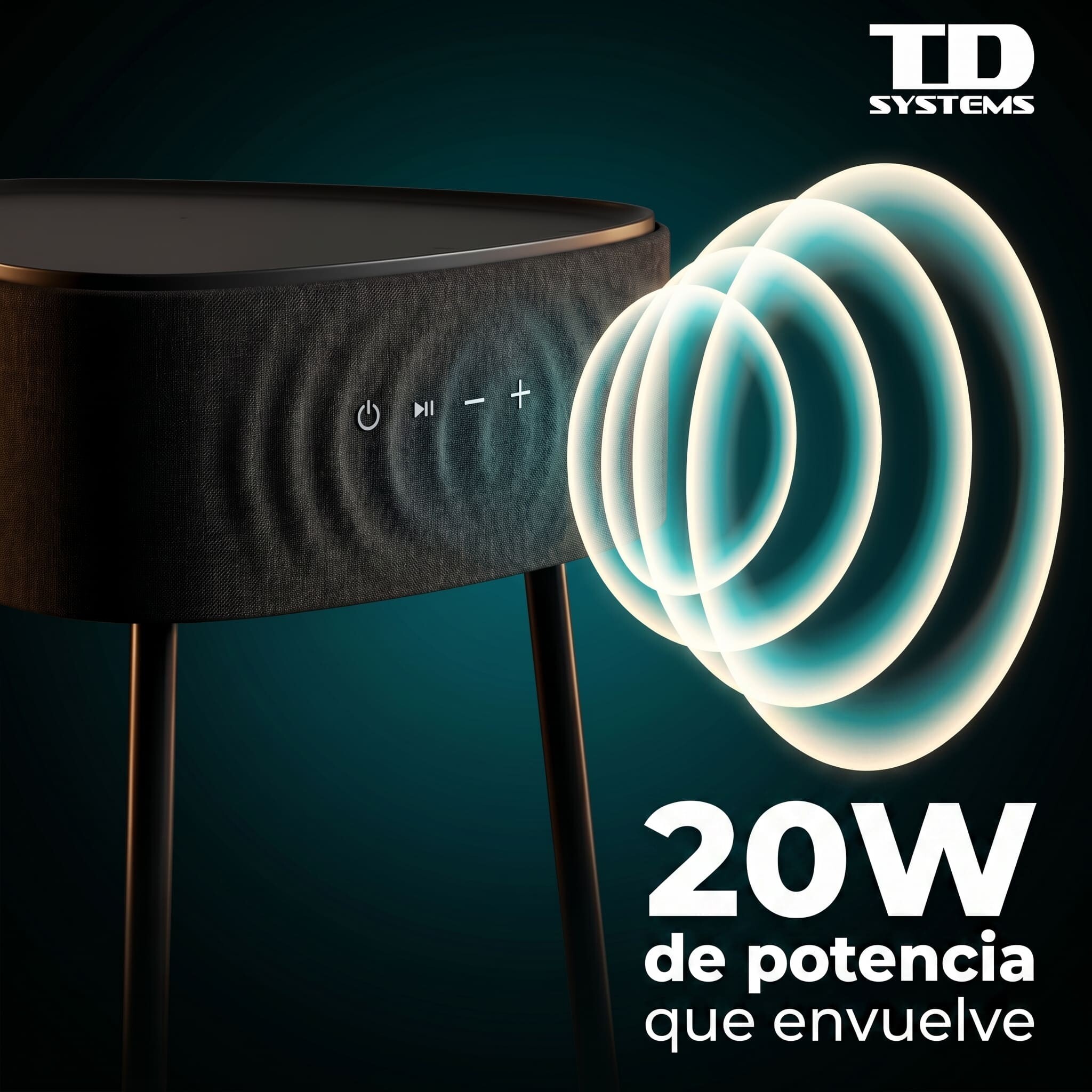Mesa auxiliar altavoz portátil con sonido de 20W, Bluetooth, Base de carga inalámbrica, batería de 2500mAh. Mesilla o mesita para dormitorio o sala de estar - TD Systems SM20B11PGO [Gris oscuro]