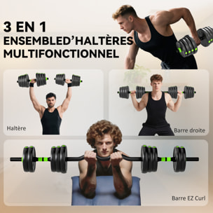 Ensemble d'haltères musculation multifonction 3 en 1 - haltères, Olympic barre, Curl EZ barre - total 30Kg - PVC vert noir