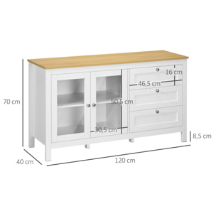 Aparador para Salón Armario Auxiliar con 2 Puertas de Vidrio 3 Cajones y Estante Ajustable para Cocina Comedor Pasillo 120x40x70 cm Blanco