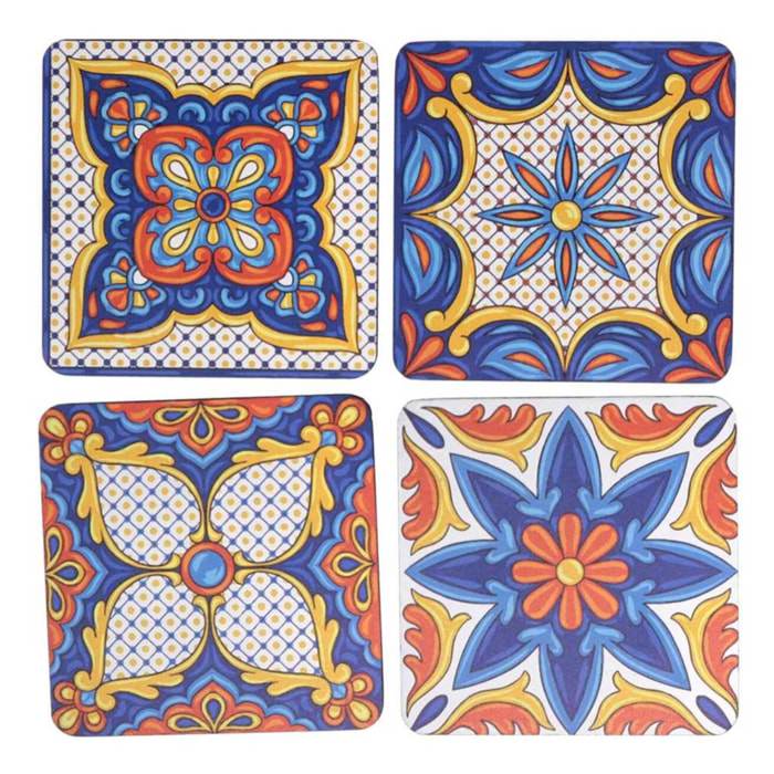 Sottobicchiere in legno confezione da 4 pezzi assortiti blu quadro cm10x10x0,5