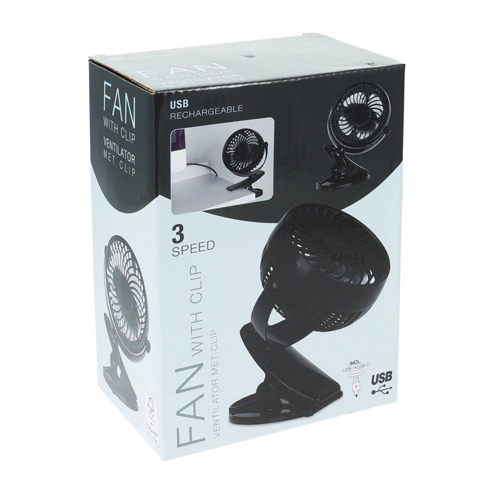 Ventilador con clip, 3 velocidades, batería 1200mAh, negro