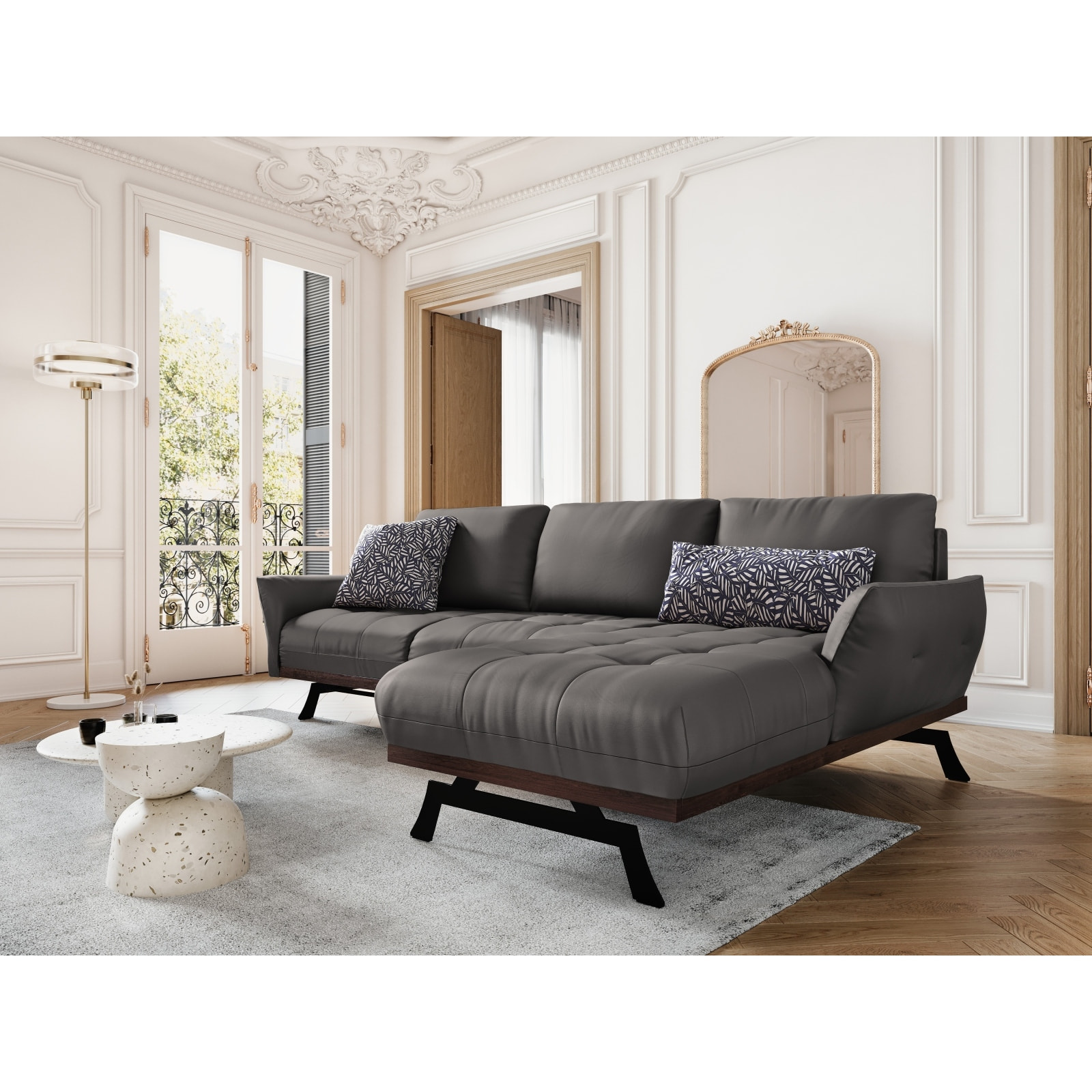 Canapé d'angle droit modulable "Olivier" 4 places en cuir véritable gris foncé