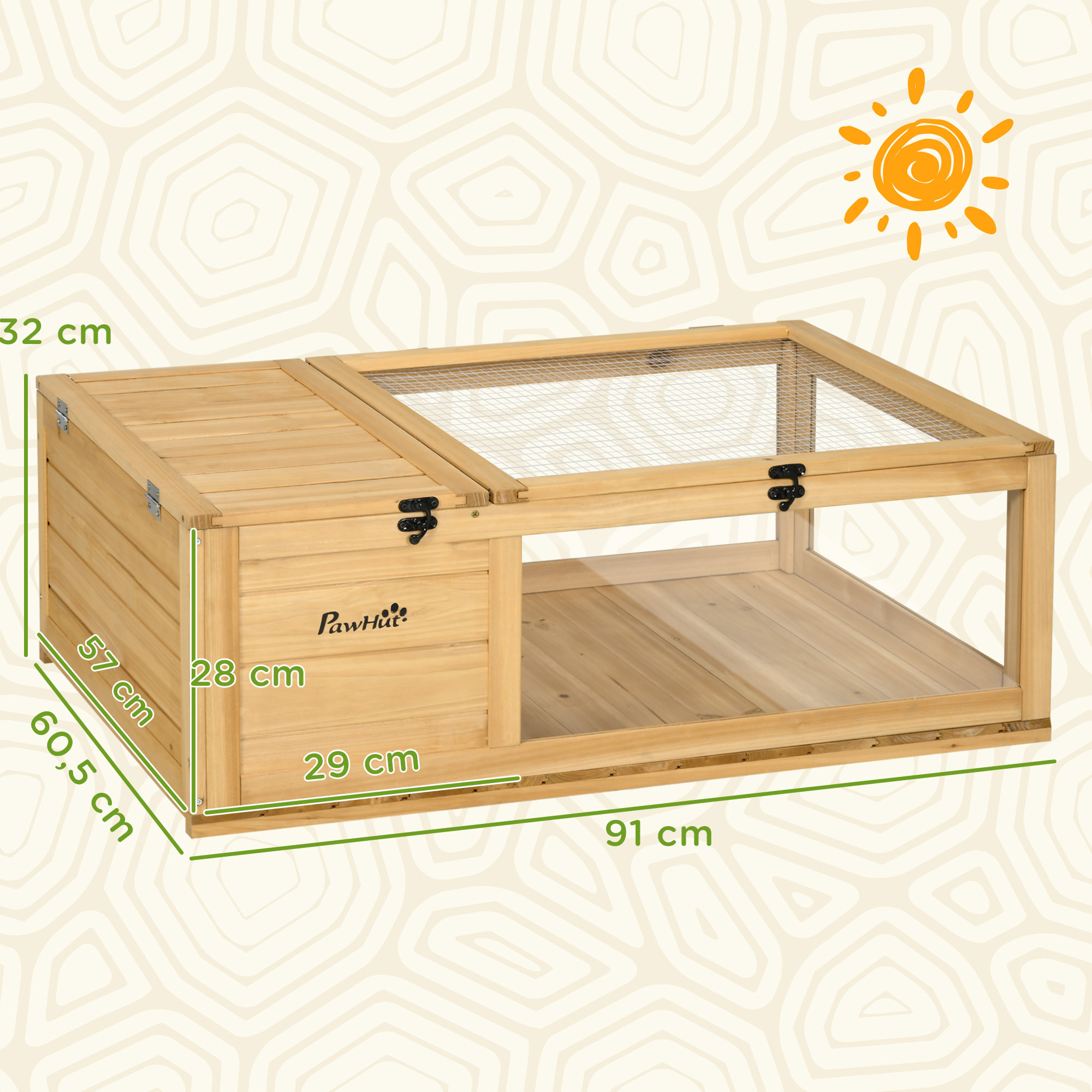 Casa para Tortugas de Madera, Terrario para Reptiles con Techo de Malla, Paneles Laterales Transparentes Extraíbles y Pestillo de Seguridad, Caseta para Tortugas, 91x60,5x32 cm, Natural
