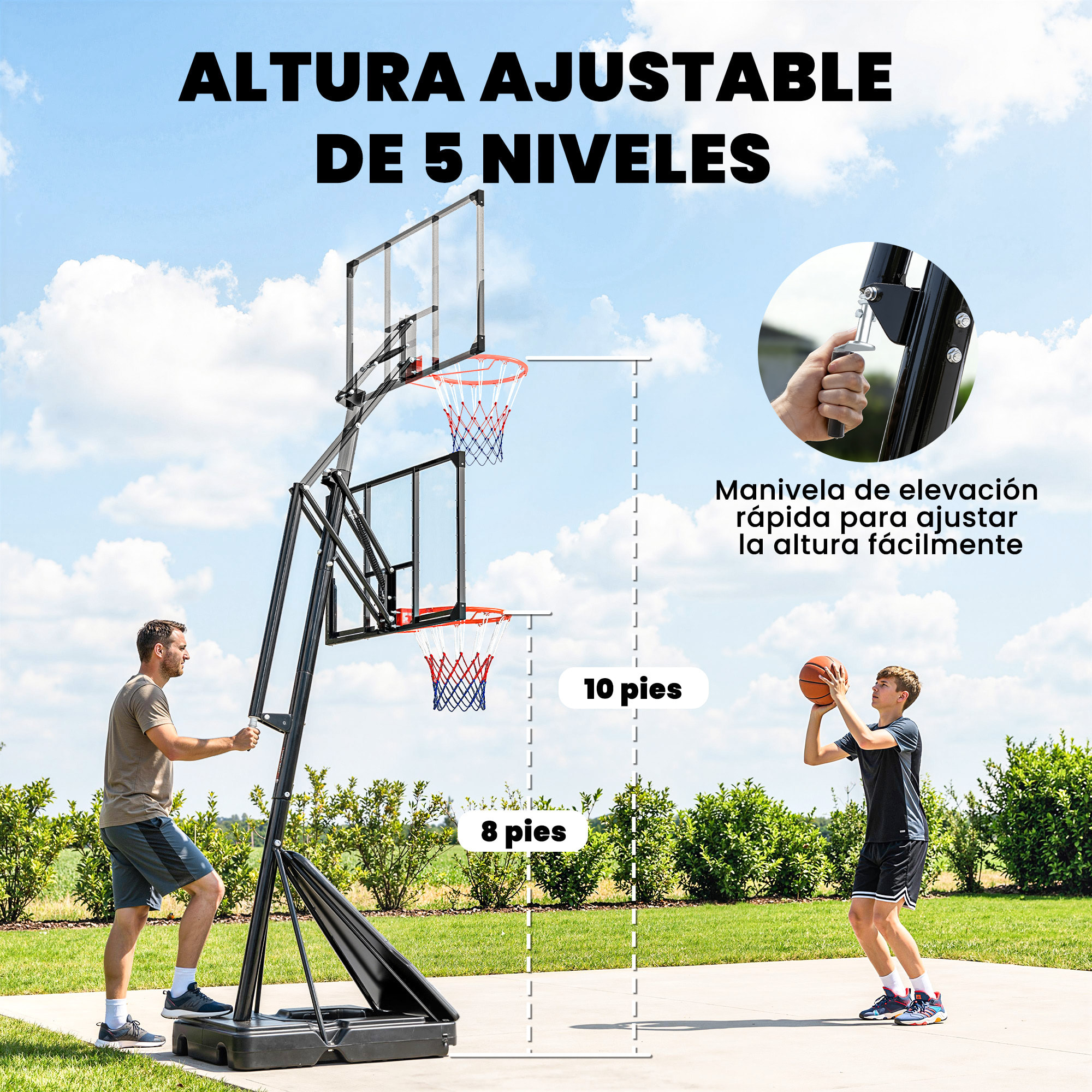 Canasta de Baloncesto Exterior, Altura Ajustable 245-305 cm, Canasta de Baloncesto Portátil con Ruedas, Base Rellenable, Tablero Irrompible y Sistema de Retorno para Adultos y Adolescentes
