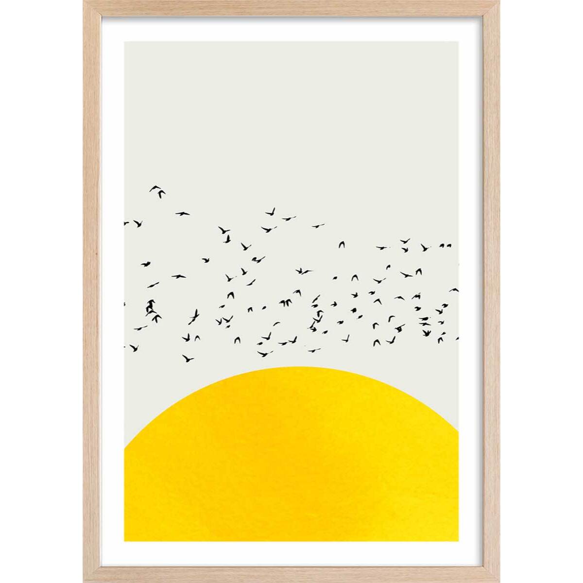 Affiche dessin ""1000 oiseaux"" Affiche + cadre en bois - Chêne