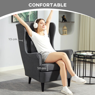 Sillón con Reposapiés Sillón Lectura con Respaldo Alto Capitoné Patas de Madera Almohada Acolchada y Tapizado en Lino Butaca para Salón Dormitorio Oficina Gris Oscuro