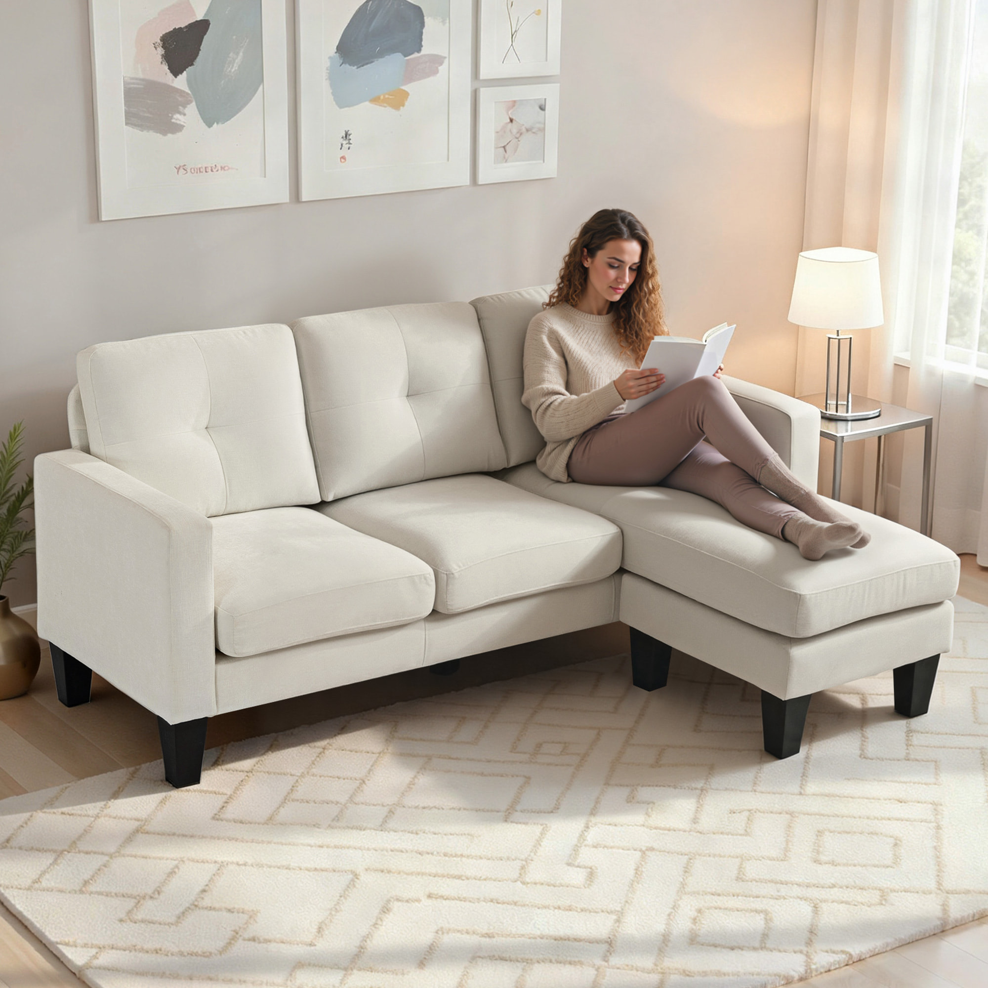 Sofá Chaise Longue Reversible, Sofá de 3 Plazas en Forma de L, Tapizado en Chenilla, Asiento y Respaldo Acolchados, Estructura de Acero, 186x130x84 cm, Blanco Crema