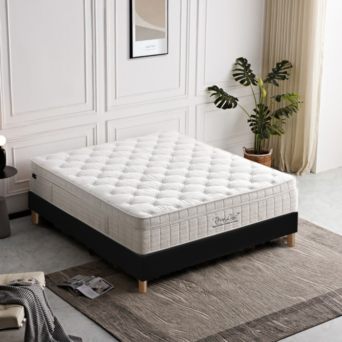 Ensemble Matelas Améthyste & sommier déco| 37 cm | Mémoire de forme, latex et ressorts ensachés | Cadre à lattes |Simili cuir | Noir