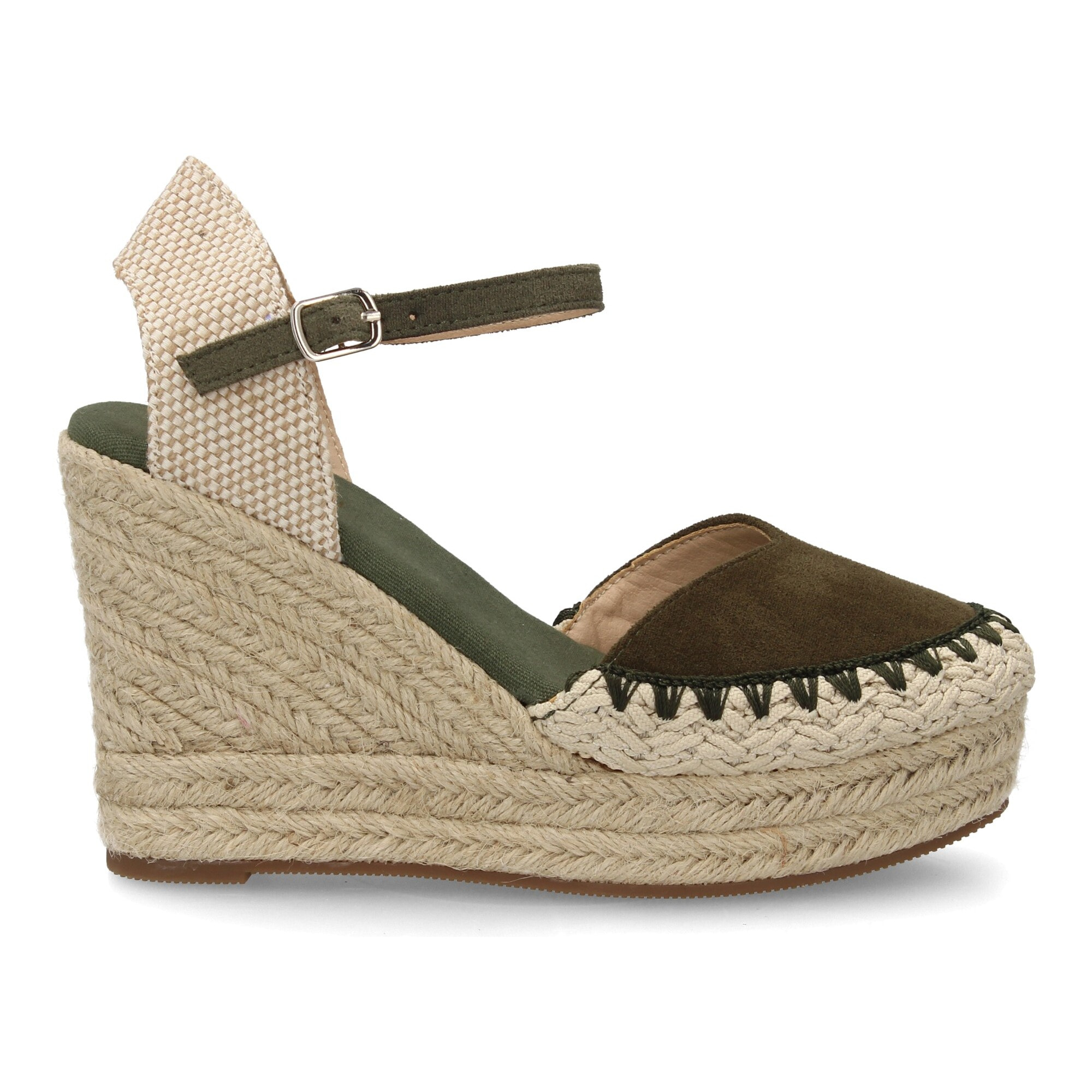 Alpargata de cuña alta de esparto con cierre de hebilla