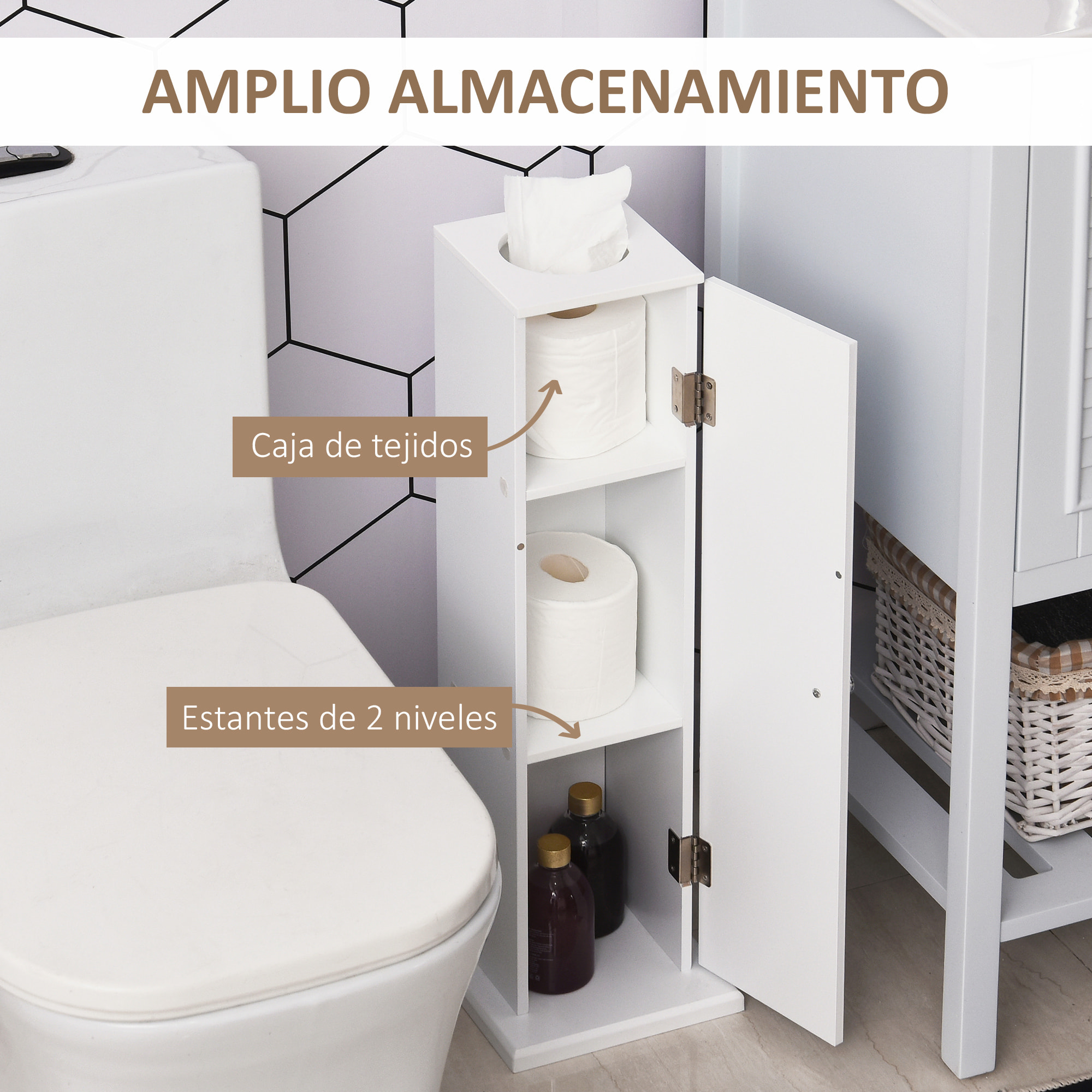Armario de Baño Estrecho Mueble de Baño con Orificio para Papel Higiénico y Estantes Estilo Moderno para Espacios Pequeños 19,5x19,5x65 cm Blanco