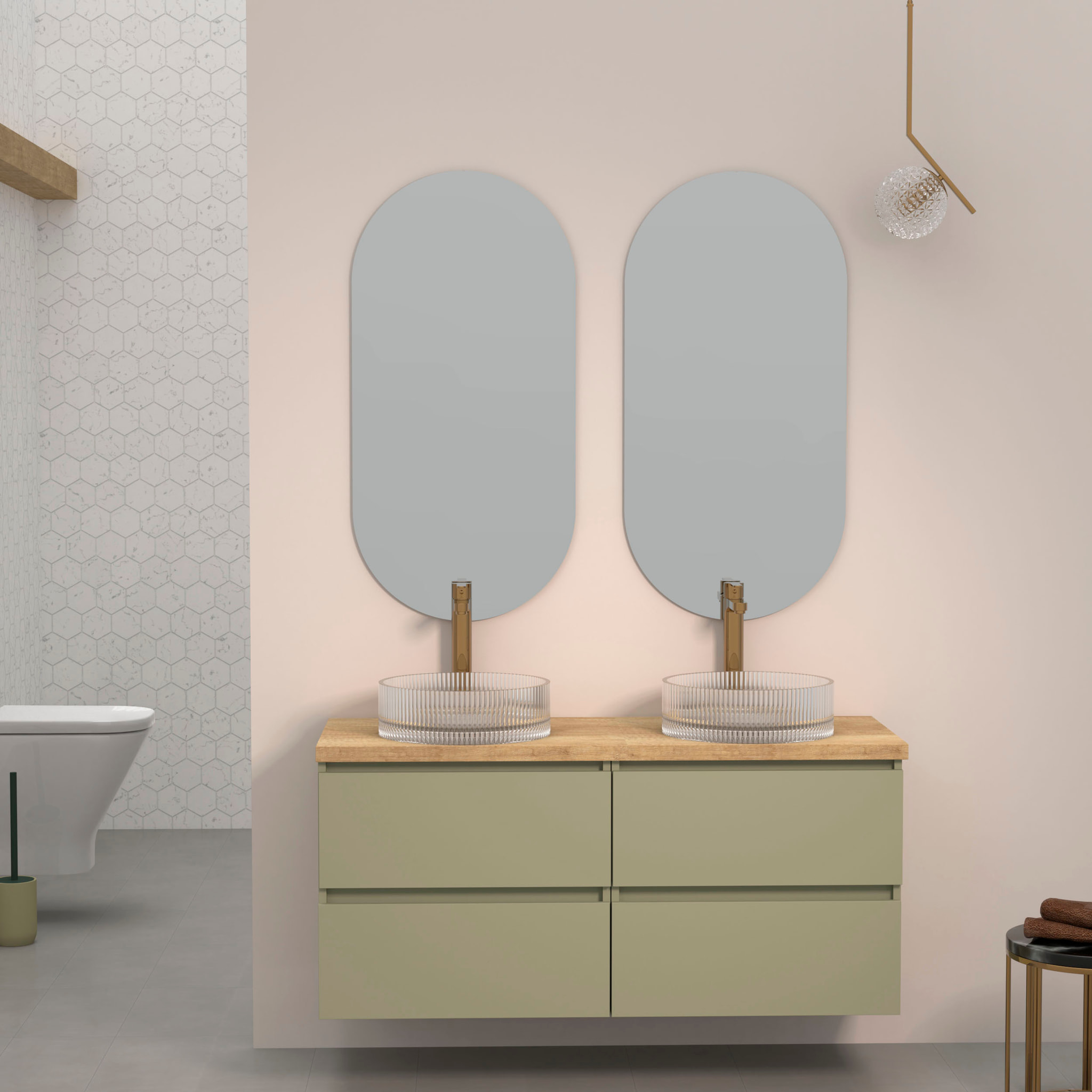 ENSEMBLE DE SALLE DE BAINS KUB | 120 CM VERT CACTUS| QUATRE TIROIRS | ÉVIERS EN VERRE | MIROIR NON INCLUS | MEUBLES ASSEMBLÉS | ALDAY