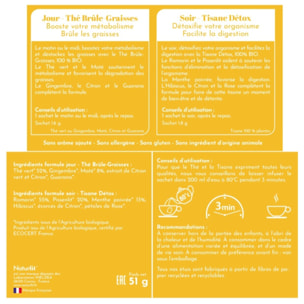 NATURFIT - T'Nature BIO - Thé Brûle-Graisses fruité & Tisane Détox aromatique 100% BIO - Favorise l'élimination des toxines et le déstockage des graisses - 2 x 15 sachets - Cure 15 jours