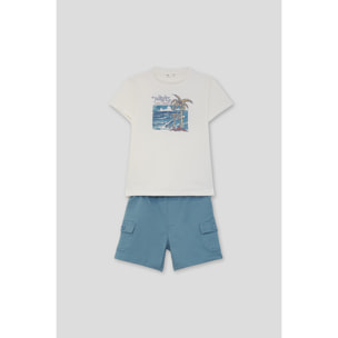 Conjunto Camiseta con Estampado de Olas y Palmera Tropical con Shorts Cargo de Verano | Color: Crudo | Street Monkey