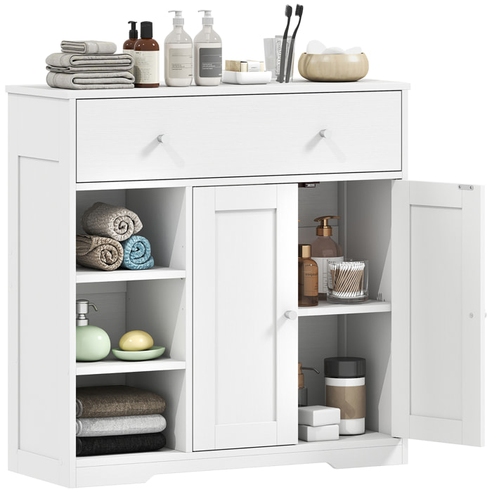Armario de Baño Estrecho, Mueble Auxiliar de Baño con Cajón, 2 Puertas y 3 Estantes Abiertos, Ahorro Espacio, 80x30x80,2 cm, para Cocina, Salón o Despacho, Blanco Veteado