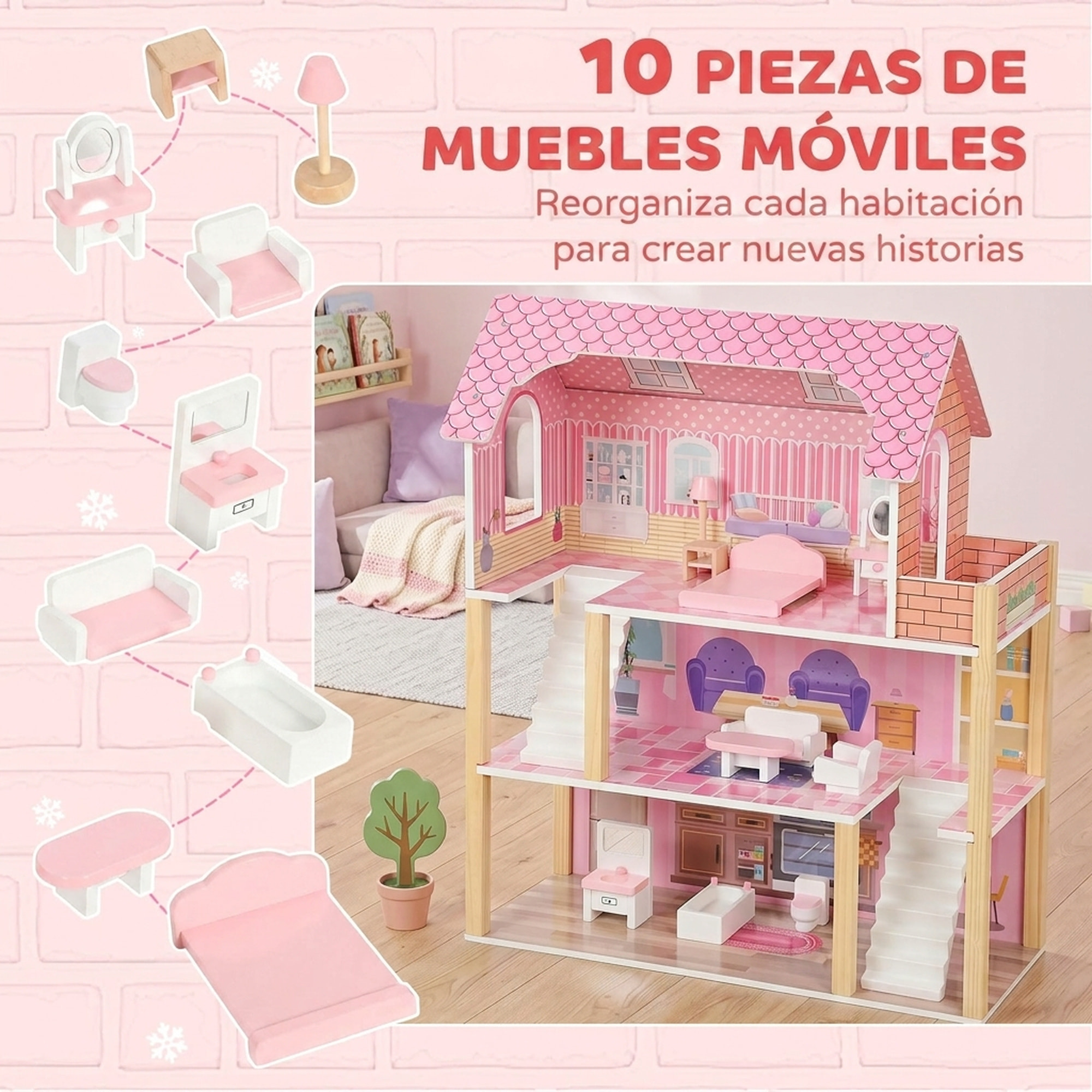 AIYAPLAY Casa de Muñecas de Madera 3 Pisos con Balcón, Escaleras y 10 Muebles, Casita de Muñecas para Niñas, Juguete de Imitación para Niños de 3 a 6 Años, Rosa