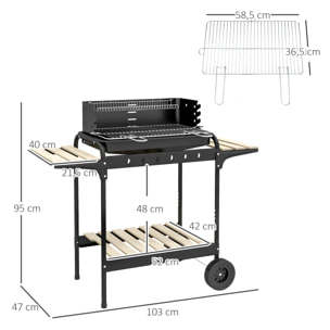 Barbacoa de Carbón con Ruedas Barbacoa Portátil 103x47x95 cm con Parrilla Ajustable en Altura de 5 Niveles Estantes y 6 Ganchos para Pícnic Camping Negro