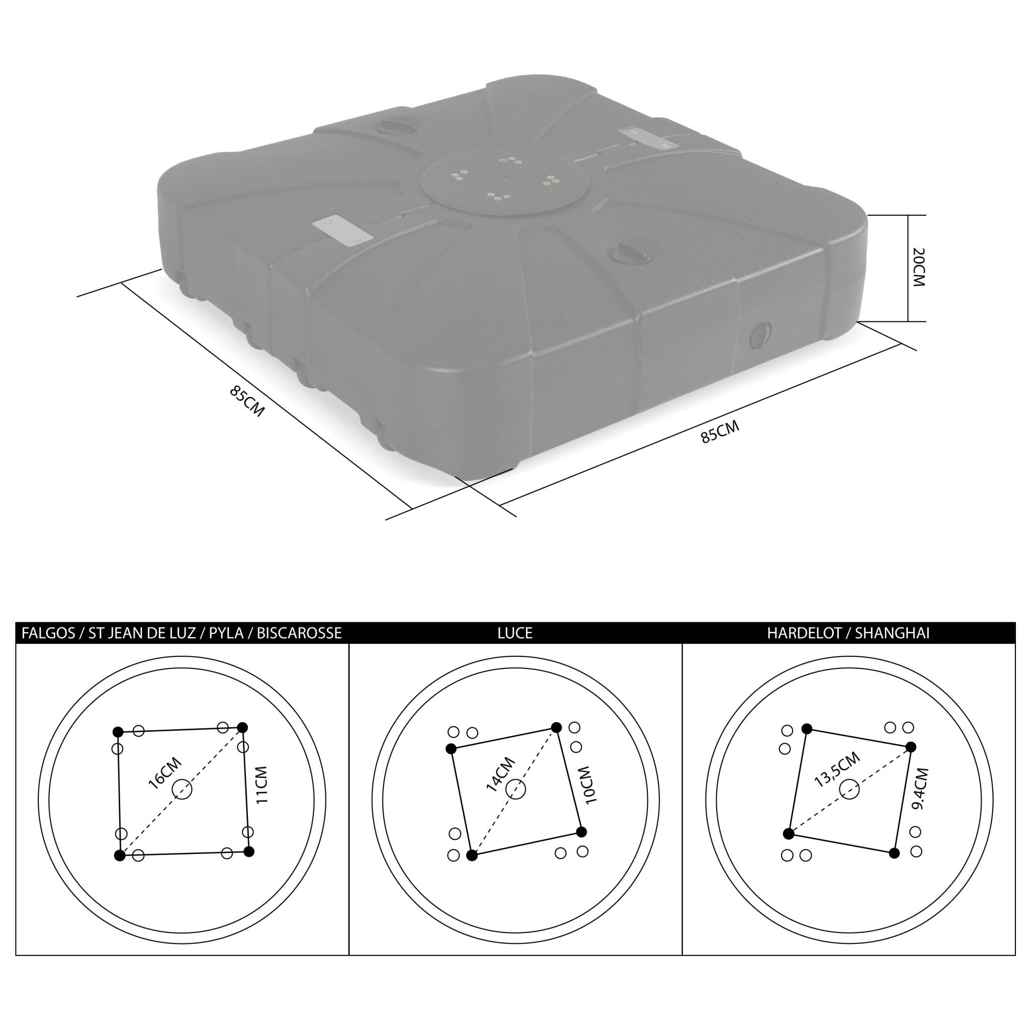 Pied pour parasol déporté remplissable 100L en plastique noir avec roulettes - Base à lester