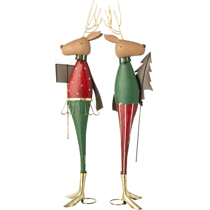J-Line Renne pin et cadeau - métal - rouge Noël/vert foncé - assortiment de 2