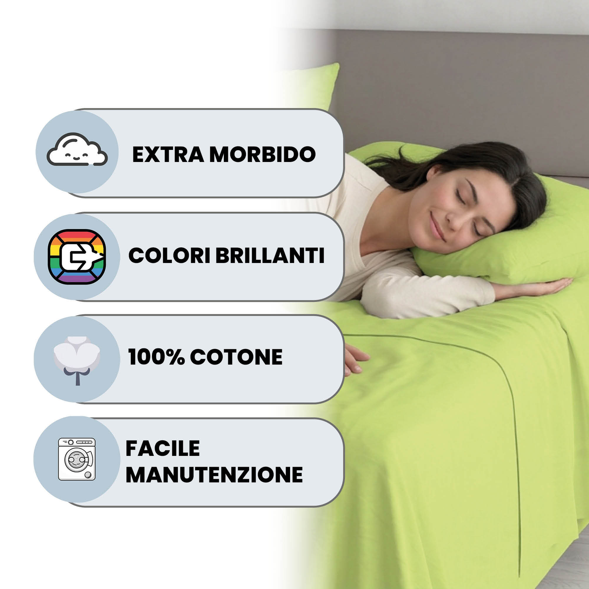 COMPLETO LETTO MAX COLOR, 100% Cotone, Made in Italy - VERDE ACIDO