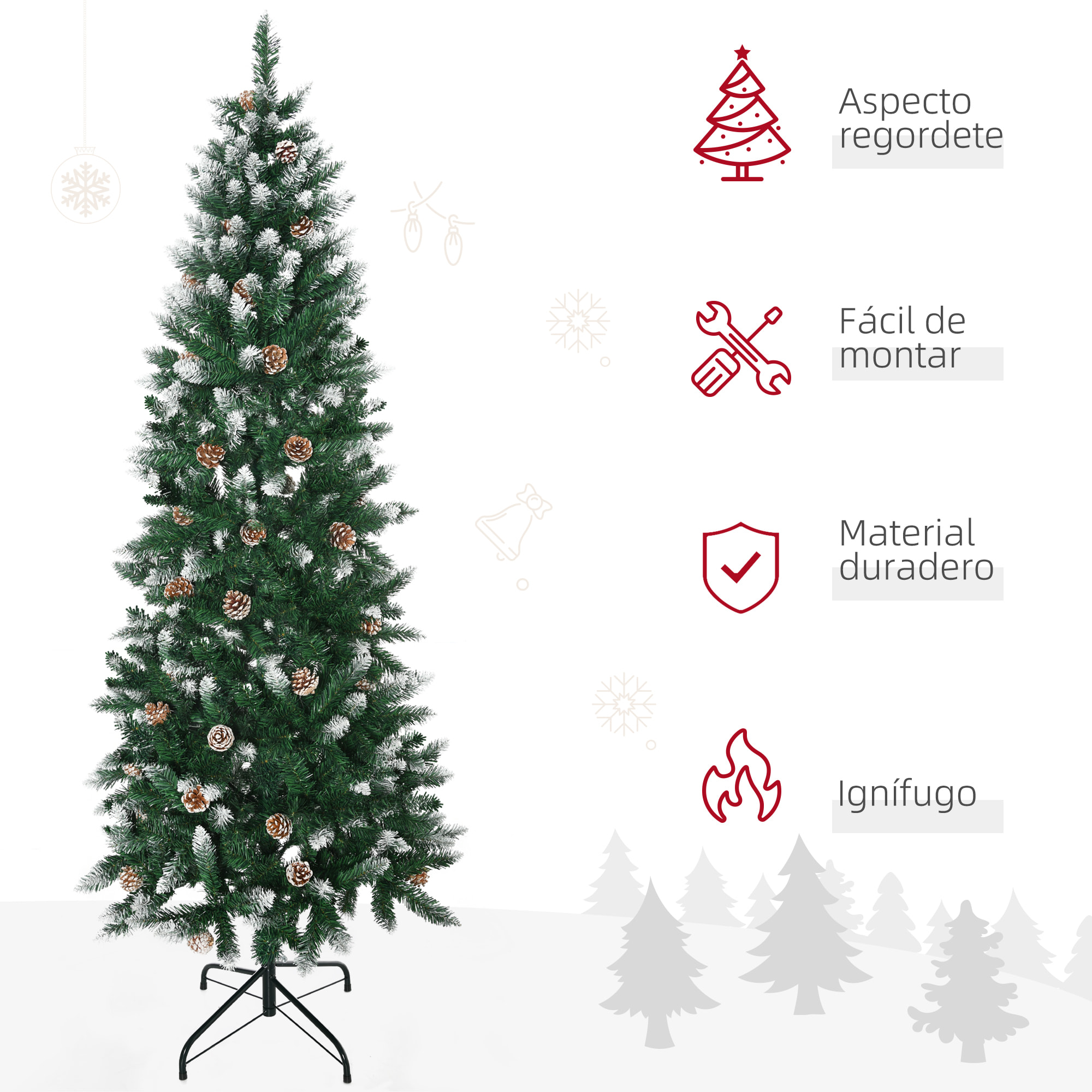 Árbol de Navidad Artificial de Nieve 180 cm con 508 Ramas Realistas 49 Piñas Base Plegable y Soporte de Acero para Decoración de Interiores Ø73x180 cm Verde Blanco