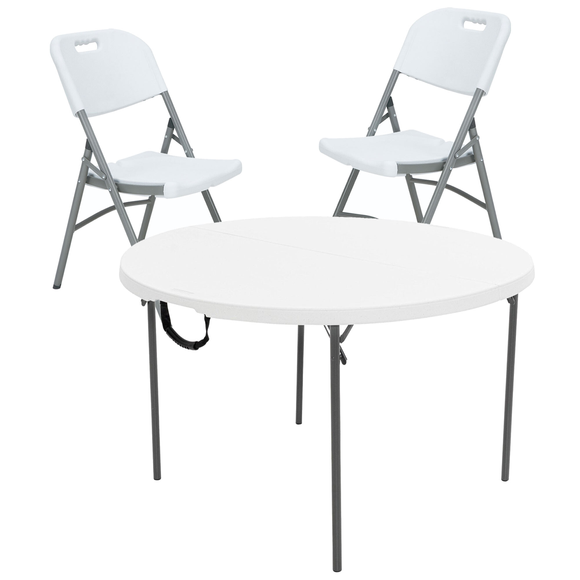 Mesa redonda (diámetro 120cm x74 cm), y set de 2 sillas plegables 51x45x85,5cm, ideal para exteriores