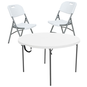 Mesa redonda (diámetro 120cm x74 cm), y set de 2 sillas plegables 51x45x85,5cm, ideal para exteriores