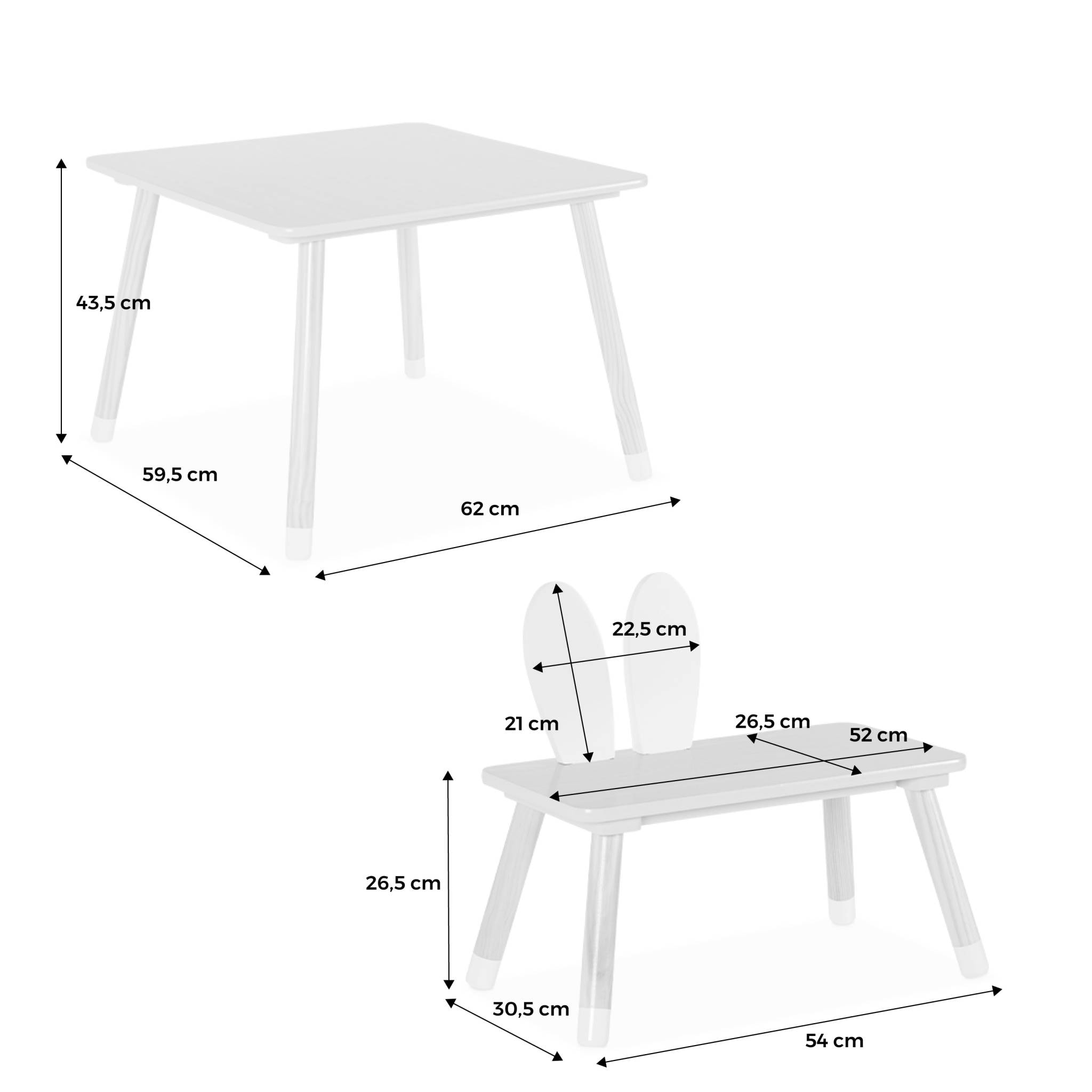 Table enfant + 2 chaises. pieds en pin. couleur blanc et bois