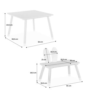 Table enfant + 2 chaises. pieds en pin. couleur blanc et bois