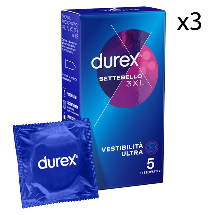 3x Preservativi Durex Settebello 3XL Extra Large con Forma Classica - 3 Confezioni da 5 Profilattici