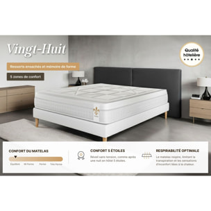 Ensemble Matelas Vingt-Huit - 28cm - Ressorts ensachés et mémoire de forme - Soutien sur mesure - Sommier kit Blanc