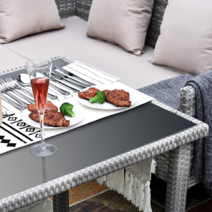 Salon de jardin 6 pers. canapé d'angle + 2 poufs + table à manger résine tressée gris