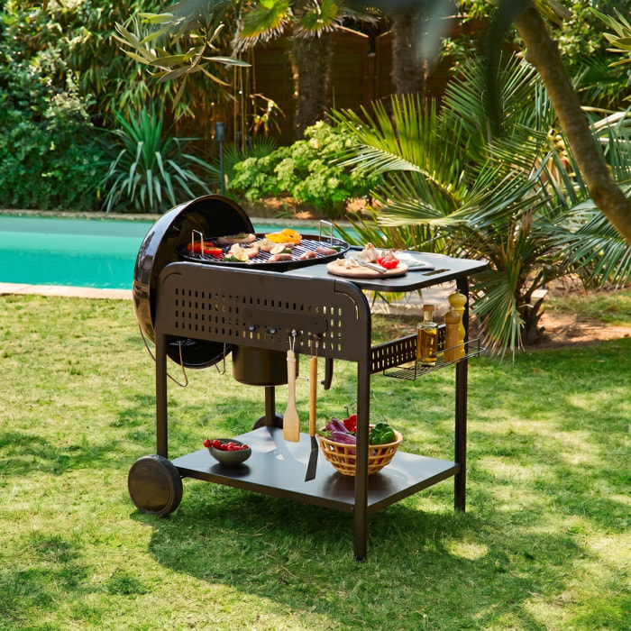 Barbecue rond charbon de bois acier émaillé Ø53cm avec chariot MAURICE