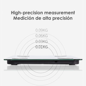 Báscula solar inteligente Bluetooth con termómetro. App de control y registro para iOS y Android.