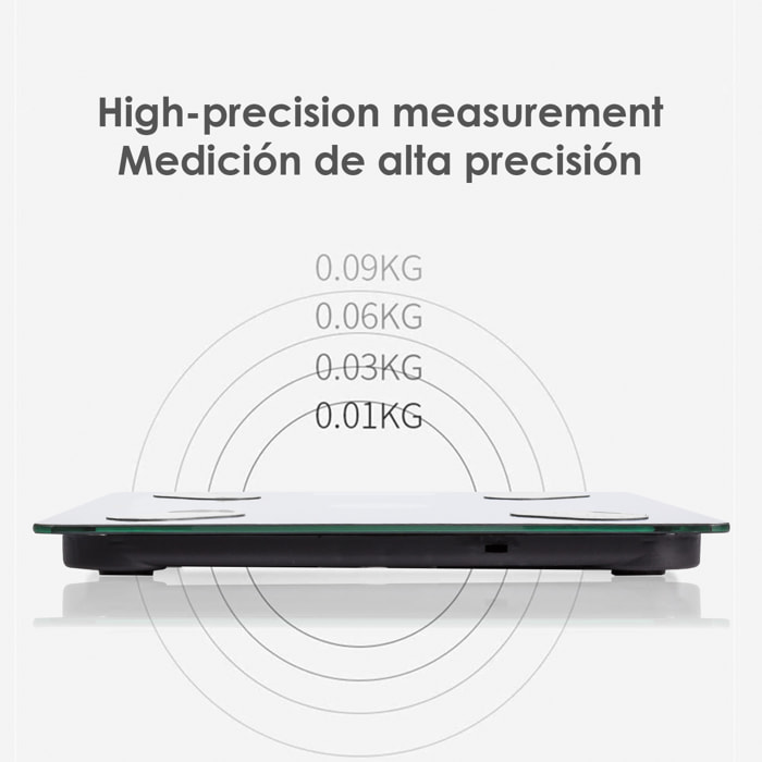 Báscula solar inteligente Bluetooth con termómetro. App de control y registro para iOS y Android.