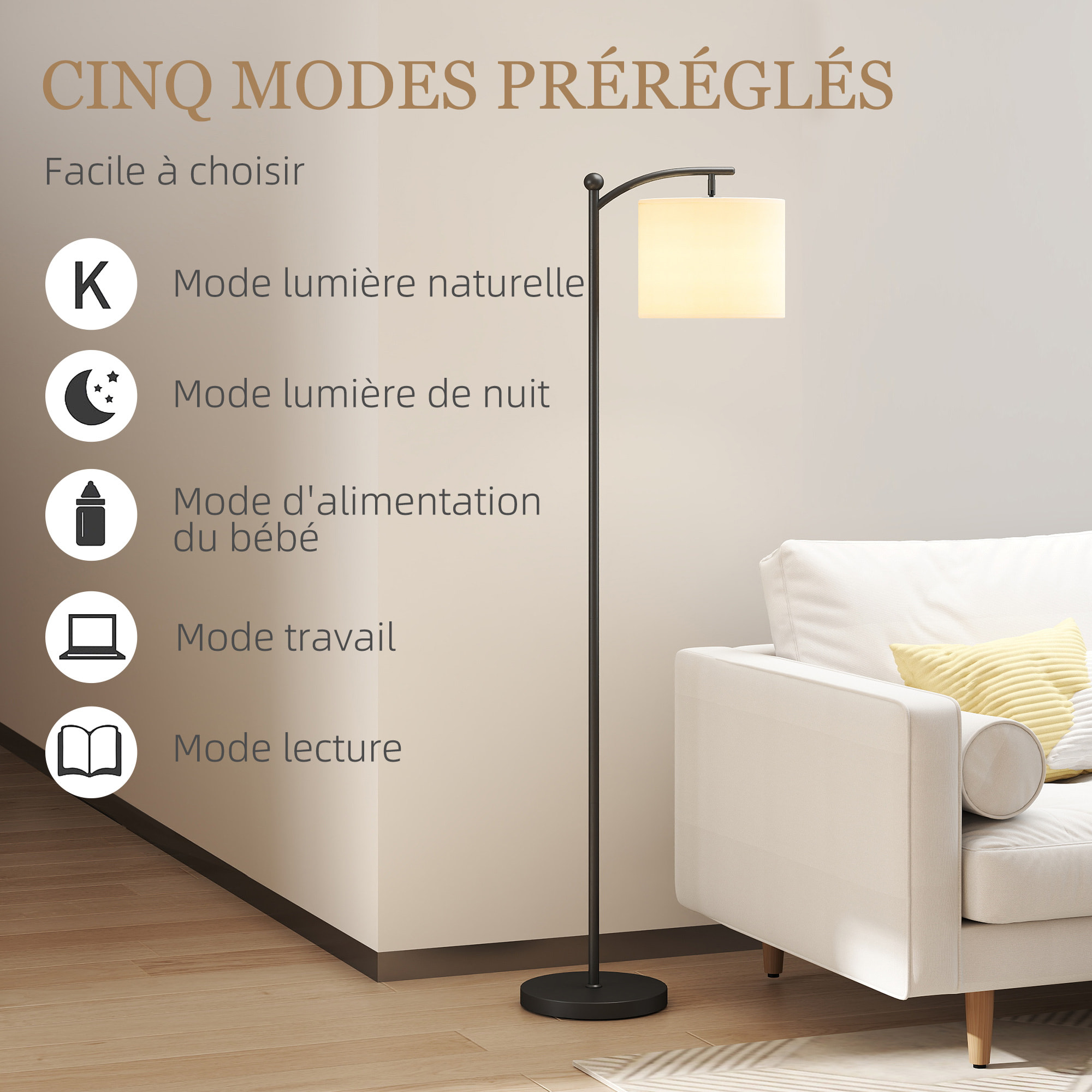 Lampadaire dimmable H.60 cm 2 températures de couleur timer 60 min télécommande noir blanc