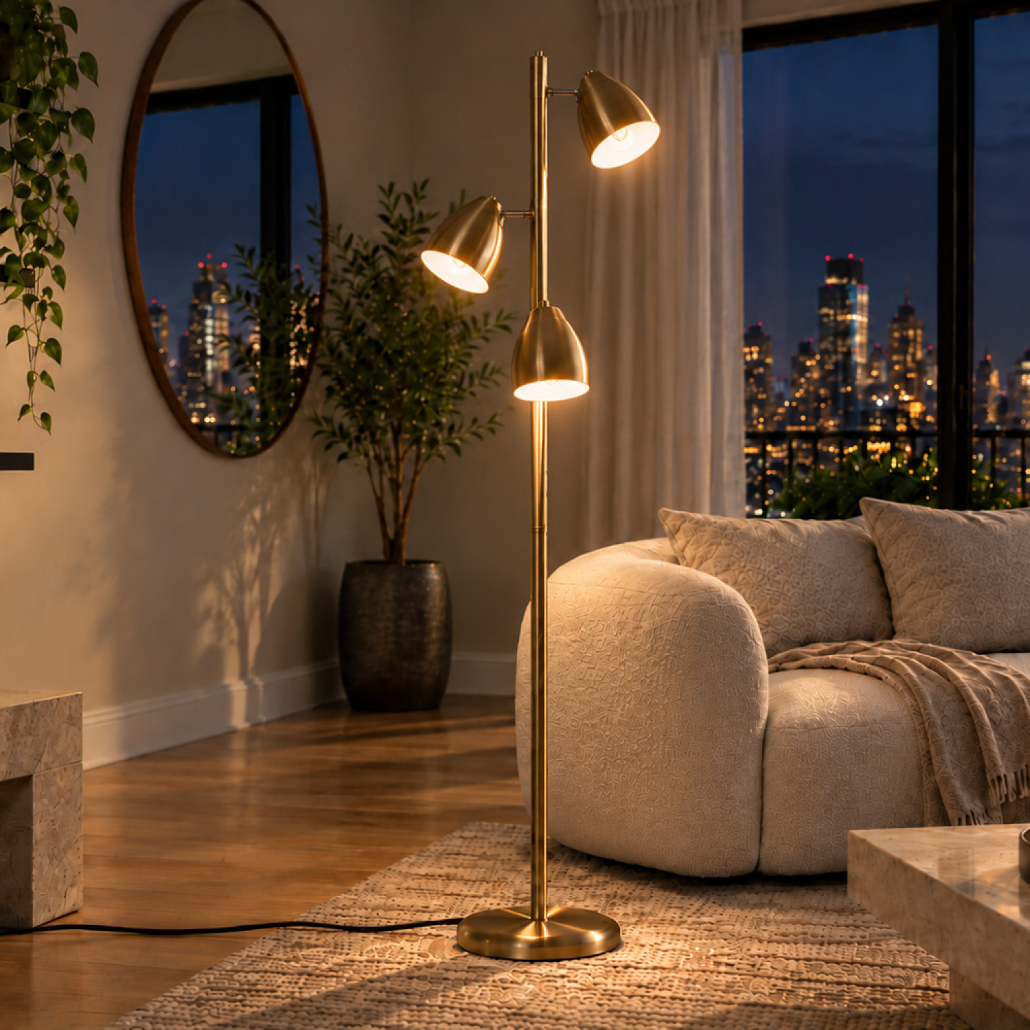 Lampadaire 3 spots orientables en métal effet laiton doré IZAMAL