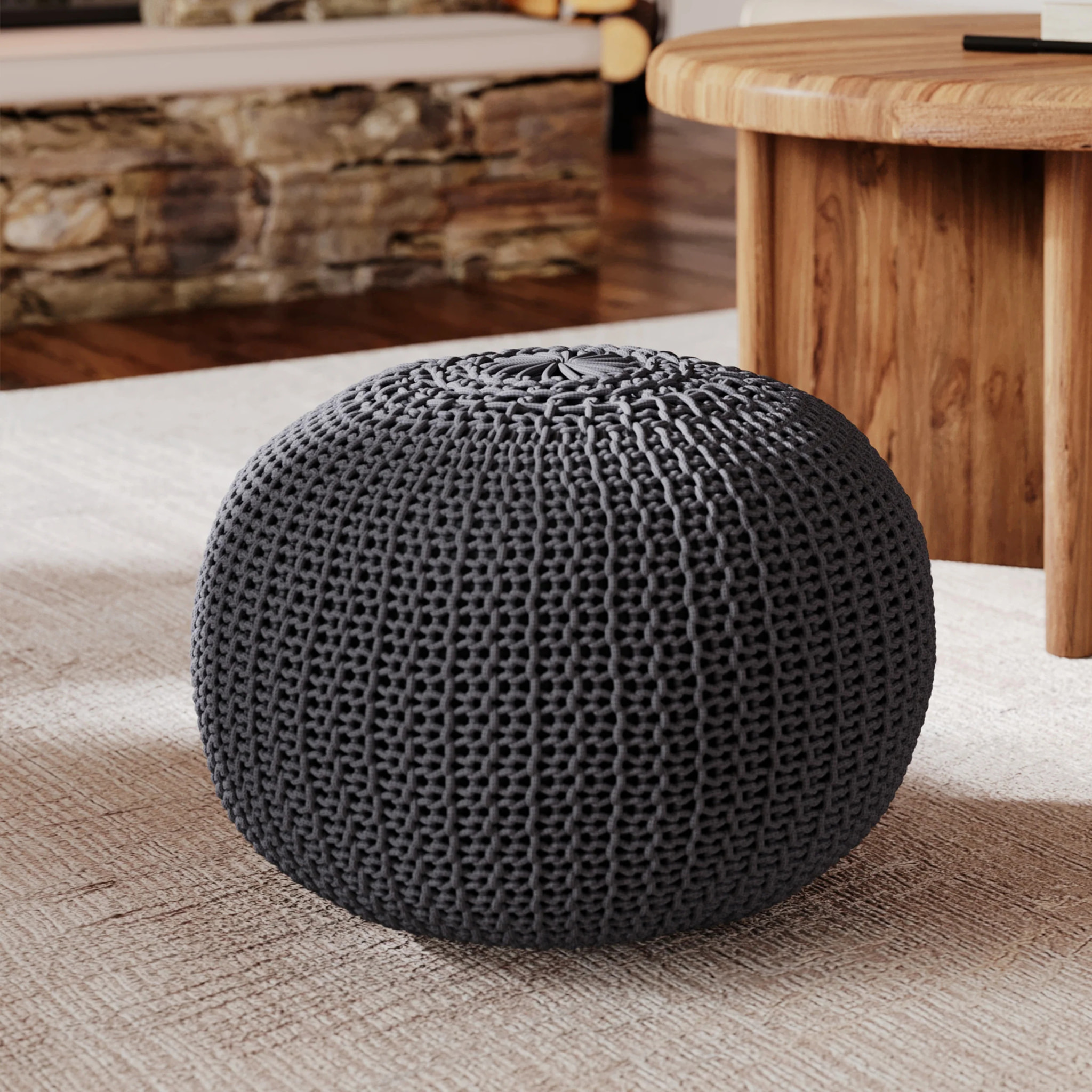 Pouf tricot rond en coton gris foncé  D40 cm - Elisa