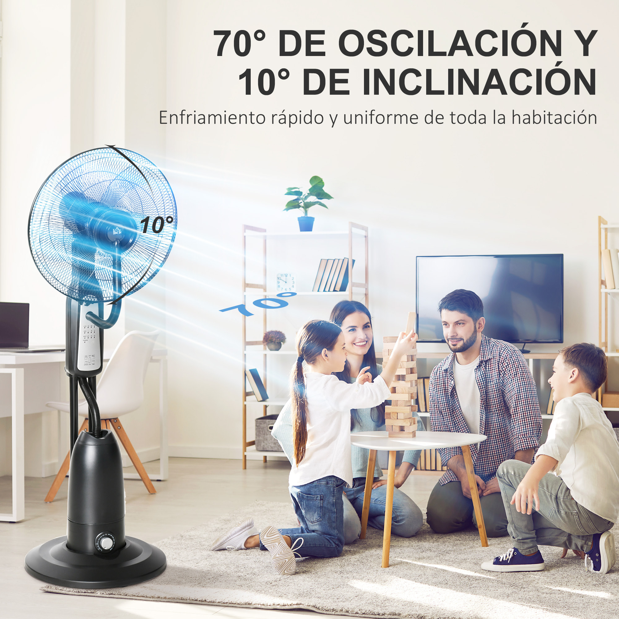 Ventilador Nebulizador Ventilador con Agua Oscilante 90W con Control Remoto 3 Modos 3 Velocidades Temporizador 7,5h y Tanque de Agua 2,8L Ø44,5x120 cm Negro