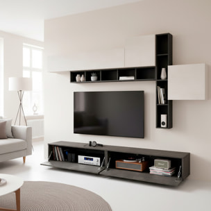 Parete Attrezzata Soggiorno Con Librerie Basi A Ribalta Pensili Push-Pull Mobile TV Moderno Reversibile 200 x 276 x 39.6 Cm Grafite Ossidata E Bianco